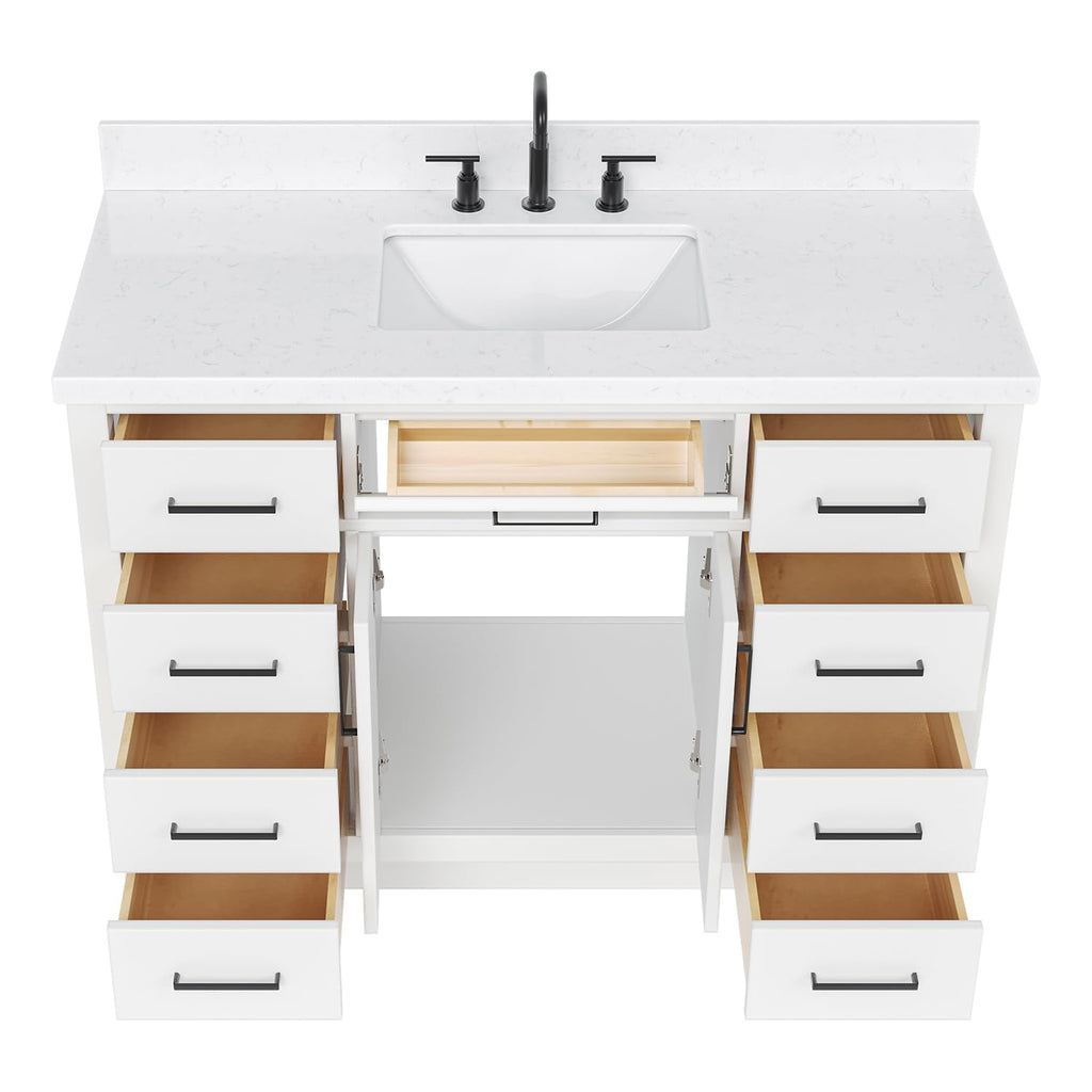 DKB Emilia 48-Inch Bathroom Vanity with Sink â Midnight Blue Single Sink Bathroom Vanity, 1.5" Edge Carrara Quartz Countertop, Solid Wood, 2 Soft Closing Doors, 9 Dovetail Drawers
