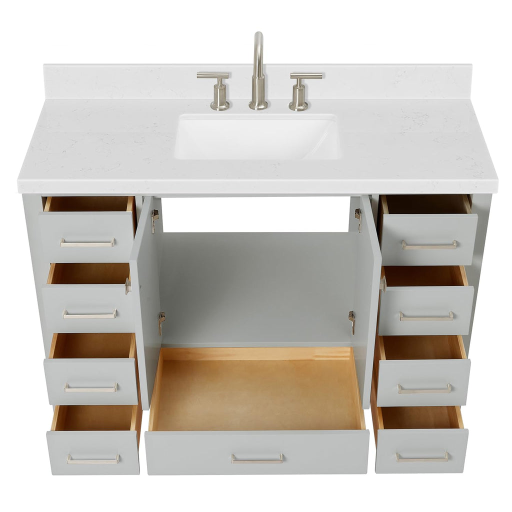 DKB Emilia 48-Inch Bathroom Vanity with Sink â Midnight Blue Single Sink Bathroom Vanity, 1.5" Edge Carrara Quartz Countertop, Solid Wood, 2 Soft Closing Doors, 9 Dovetail Drawers