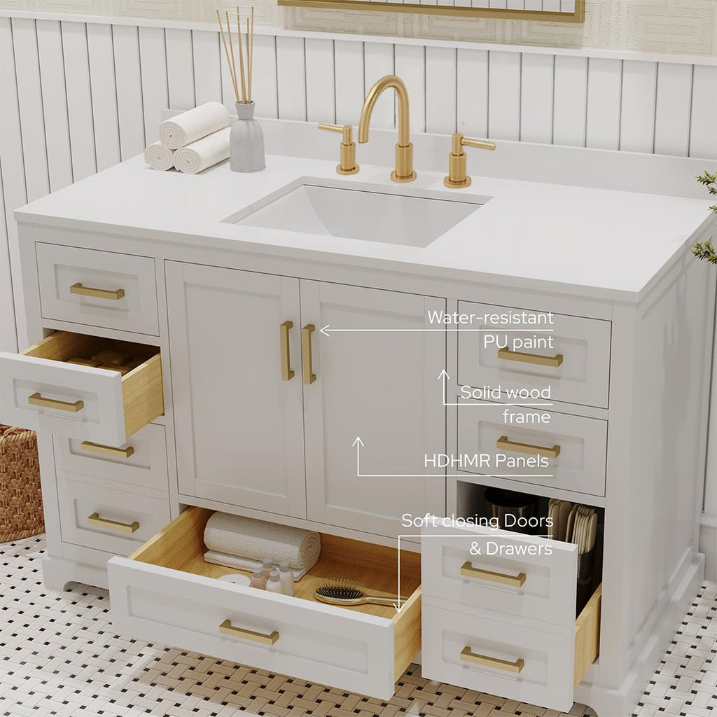 Ayna Decors Maya 72 Inch Double Vanity with Sink and Pre Drilled Faucet Holes Quartz Top in Charcoal Grey, Freestanding Bathroom Vanities with Soft Close Doors and Drawers - Brushed Gold Hardware