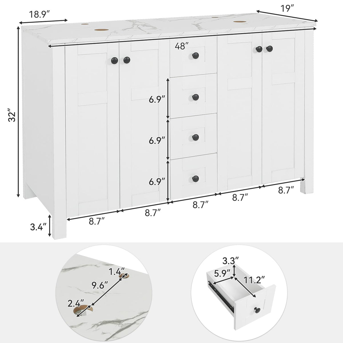 48" Bathroom Vanity with Sink, White Modern Freestanding Bathroom Vanity Cabinet with Marble Texture Top and 4 Drawers, Two Boat Ceramic Vessel Sinks