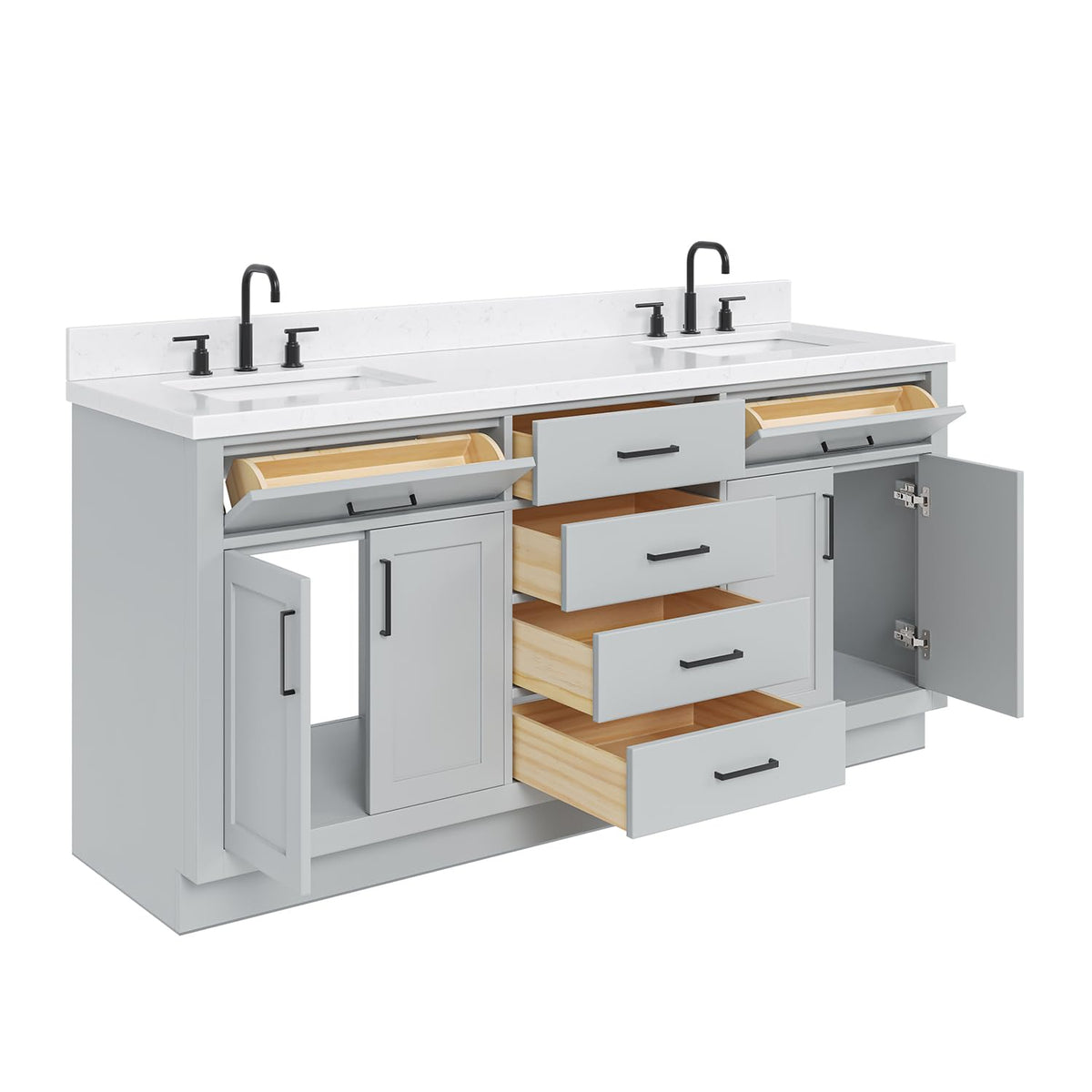 DKB Emilia 72 Inch Bathroom Vanity Double Sink â White Bathroom Vanity with Sink, 1.5" Edge Carrara White Quartz Countertop & Backsplash, 4 Soft-Close Doors, and 6 Dovetail Drawers