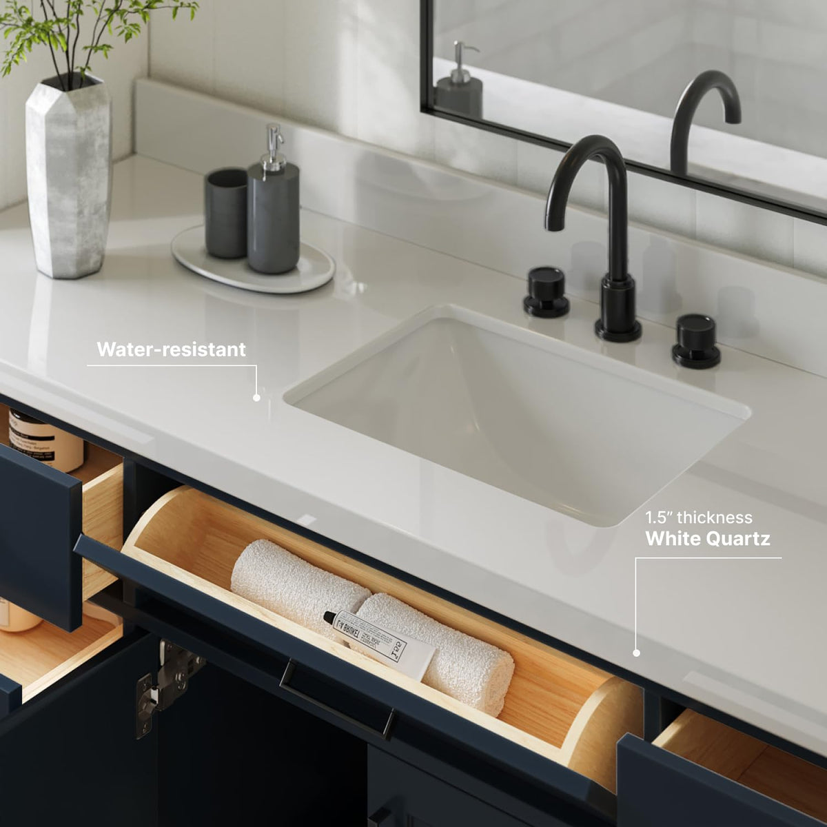 ARIEL Hepburn 66-inch Bathroom Vanity with Sink,Solid Wood, 1.5-inch Pure White Quartz Countertop & Backsplash, Single Rectangular Porcelain Sink, 2 Soft Closing Doors, 9 Dovetail Drawers, White