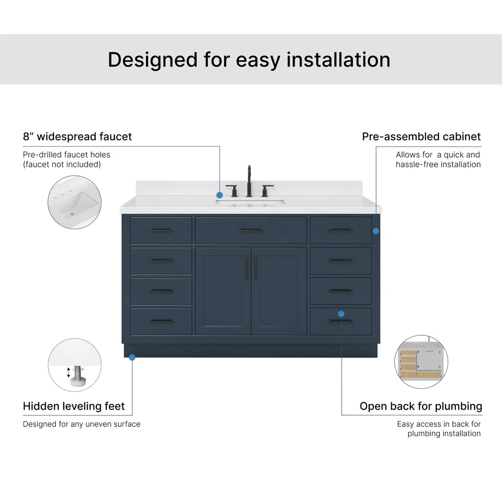 ARIEL Hepburn 60-inch Bathroom Vanity with Sink,Solid Wood, 1.5-inch Carrara White Quartz Countertop & Backsplash, Single Rectangular Porcelain Sink, 2 Soft Closing Doors, 9 Dovetail Drawers, Black