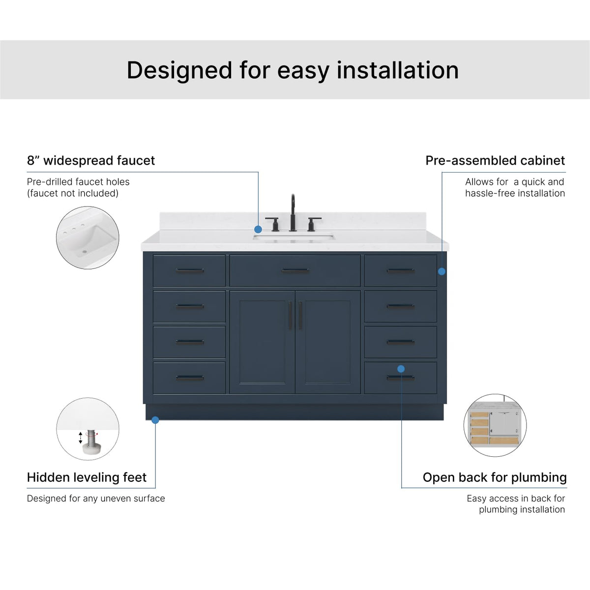 ARIEL Hepburn 60-inch Bathroom Vanity with Sink,Solid Wood, 1.5-inch Carrara White Quartz Countertop & Backsplash, Single Rectangular Porcelain Sink, 2 Soft Closing Doors, 9 Dovetail Drawers, Black