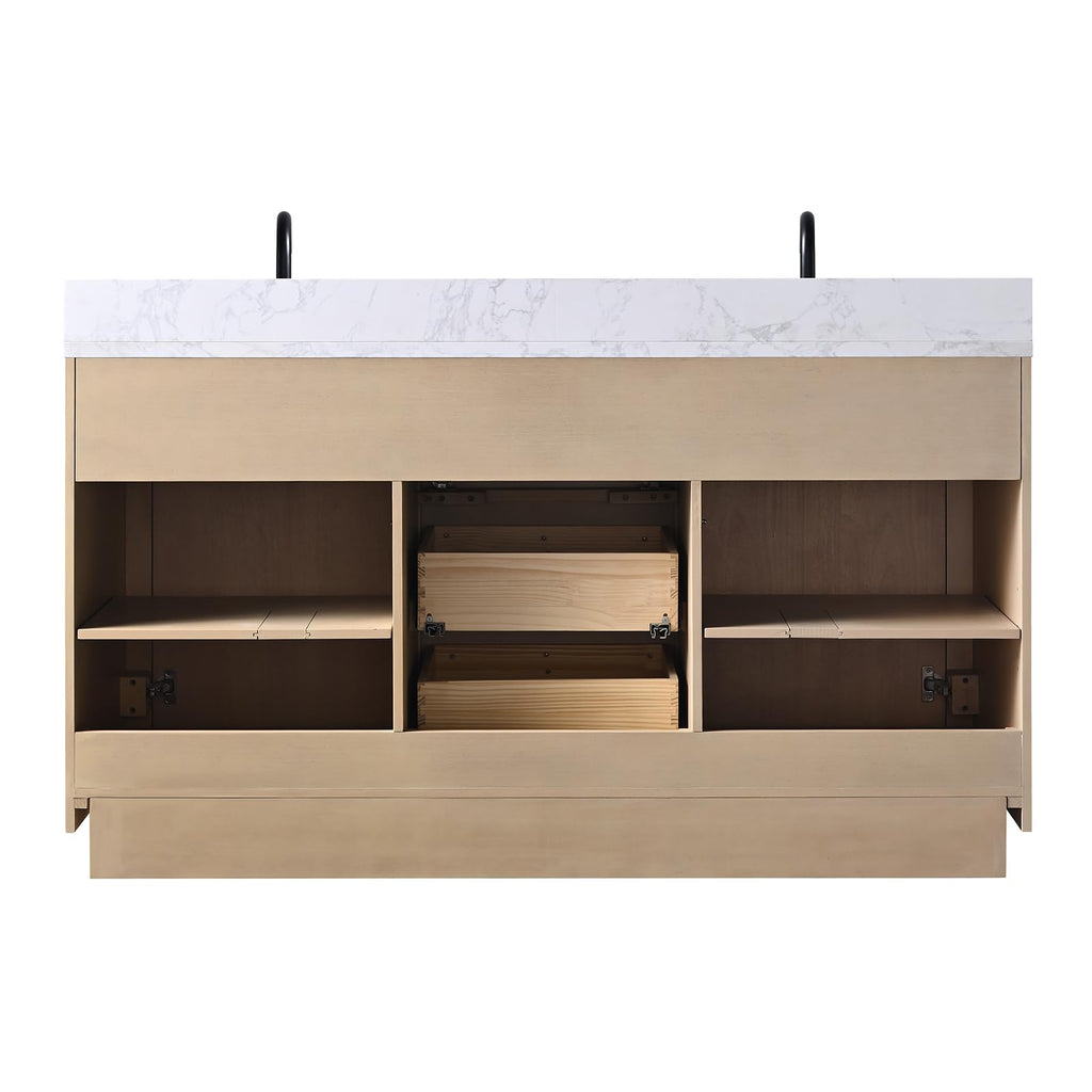 HOMEBEYOND 72" Bathroom Vanity with Double Sink & Ceramic Top, MDF Material Vanity Cabinet with Basin Combo, Soft-Closing Doors, Removable Shelf, Backsplash, Tan