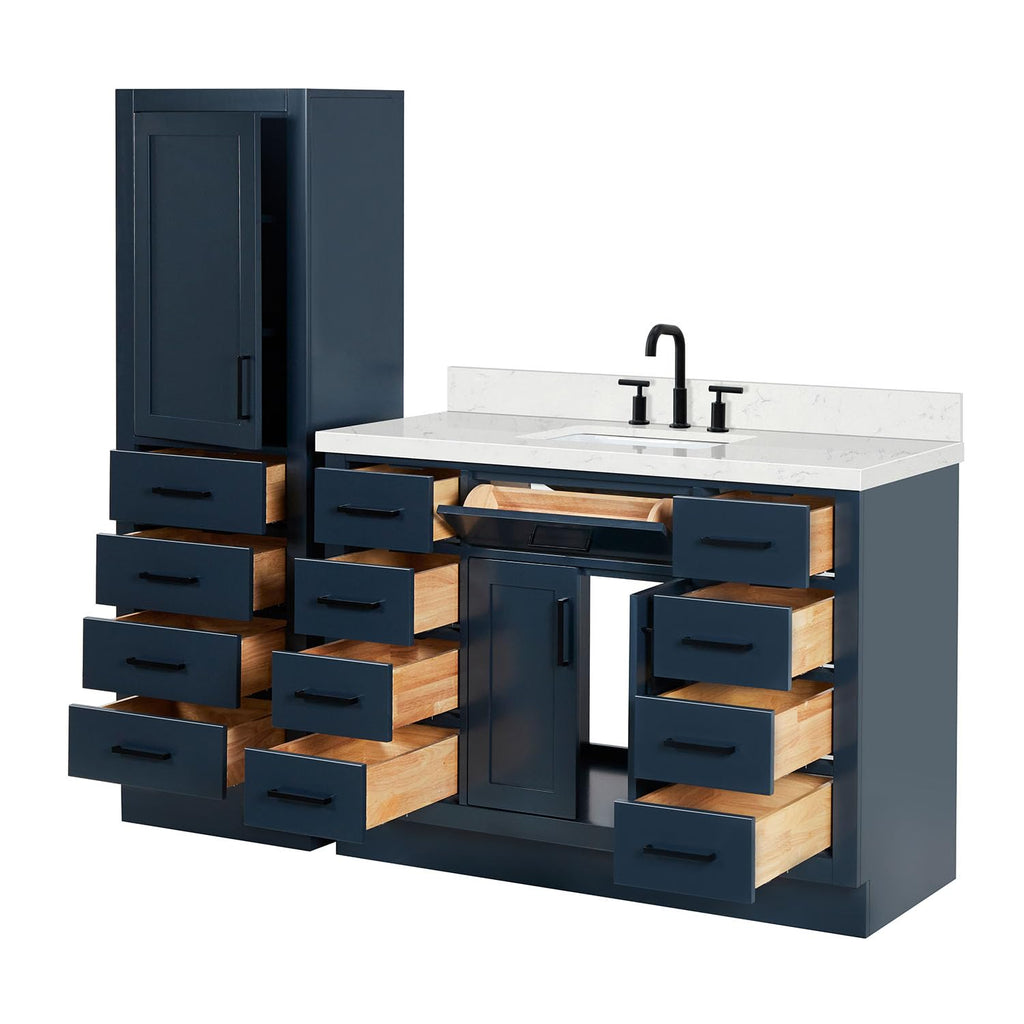 ARIEL Hepburn 92 Inch Includes 20 Inch Linen Cabinet and 1 of 72 Inch Double Rectangle Sink Bathroom Vanity with Carrara White Quartz Countertop 1.5 Inch in Natural Oak