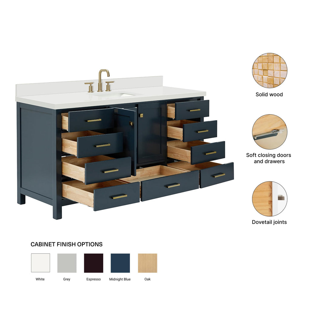 ARIEL Cambridge 66-inch Bathroom Vanity with Sink,Solid Wood, 1.5-inch Italian Carrara Marble Countertop, Single Rectangular Porcelain Sink, 2 Soft Closing Doors, 9 Dovetail Drawers, Midnight Blue