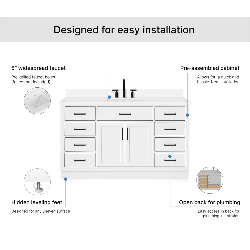ARIEL Hepburn 60-inch Bathroom Vanity with Sink,Solid Wood, 1.5-inch Carrara White Quartz Countertop & Backsplash, Single Rectangular Porcelain Sink, 2 Soft Closing Doors, 9 Dovetail Drawers, Black
