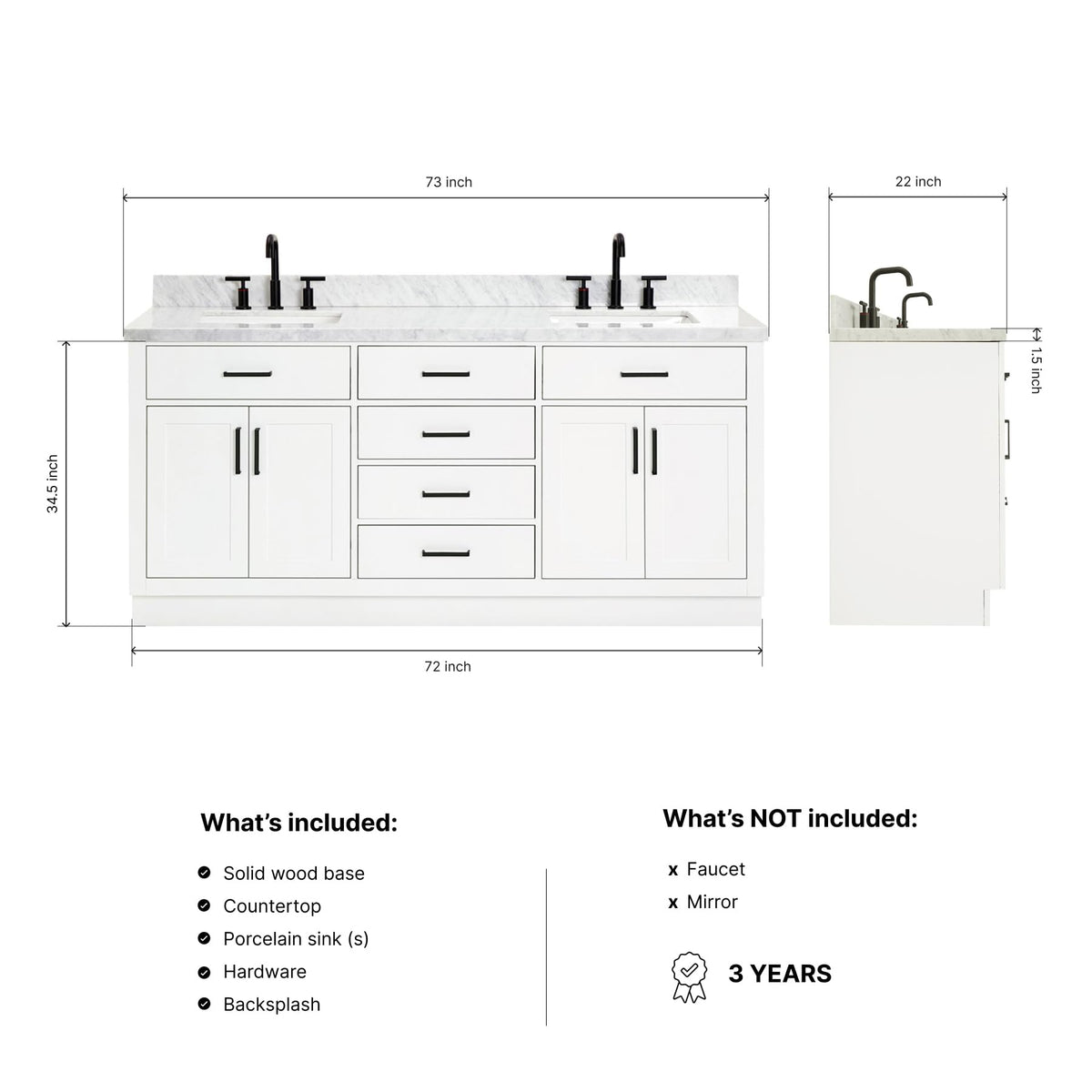 DKB Isabella 72" Oak Double Bathroom Vanity with Sink, 1.5" Carrara White Marble Countertop, Rectangle Undermount Sinks, 4 Soft Closing Doors, 6 Dovetail Drawers
