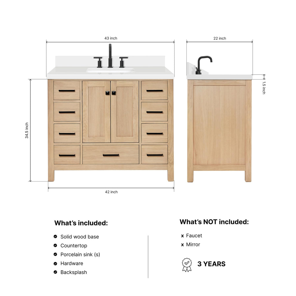 DKB Beckford 42-Inch White Bathroom Vanity with Sink, Solid Wood Base Cabinet, 1.5" White Quartz Countertop, Rectangular Sink, 2 Soft Closing Doors, 9 Drawers