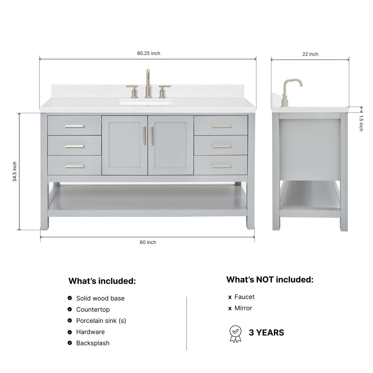 DKB Isabella 60 Inch Bathroom Vanity Single Sink â White Bathroom Vanity with Sink, 1.5" Edge Carrara White Quartz Countertop, Solid Wood, 2 Soft-Close Doors, 8 Dovetail Drawers + Tilt Drawer