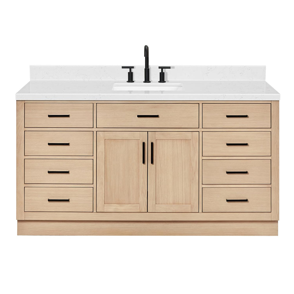 ARIEL Hepburn 66-inch Bathroom Vanity with Sink,Solid Wood, 1.5-inch Pure White Quartz Countertop & Backsplash, Single Rectangular Porcelain Sink, 2 Soft Closing Doors, 9 Dovetail Drawers, White