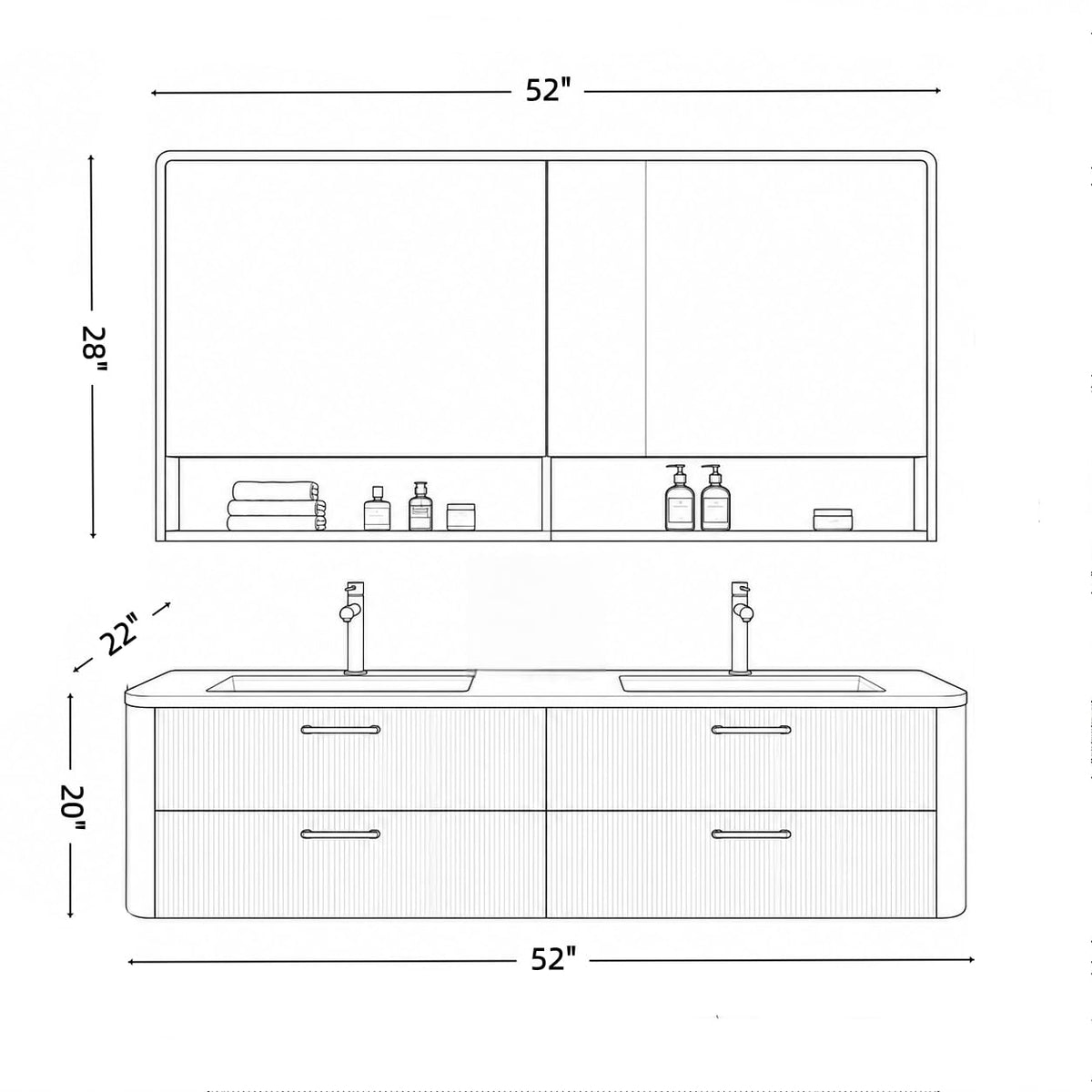 96 in Floating Double Bathroom Vanity with Sinks & LED Mirrors