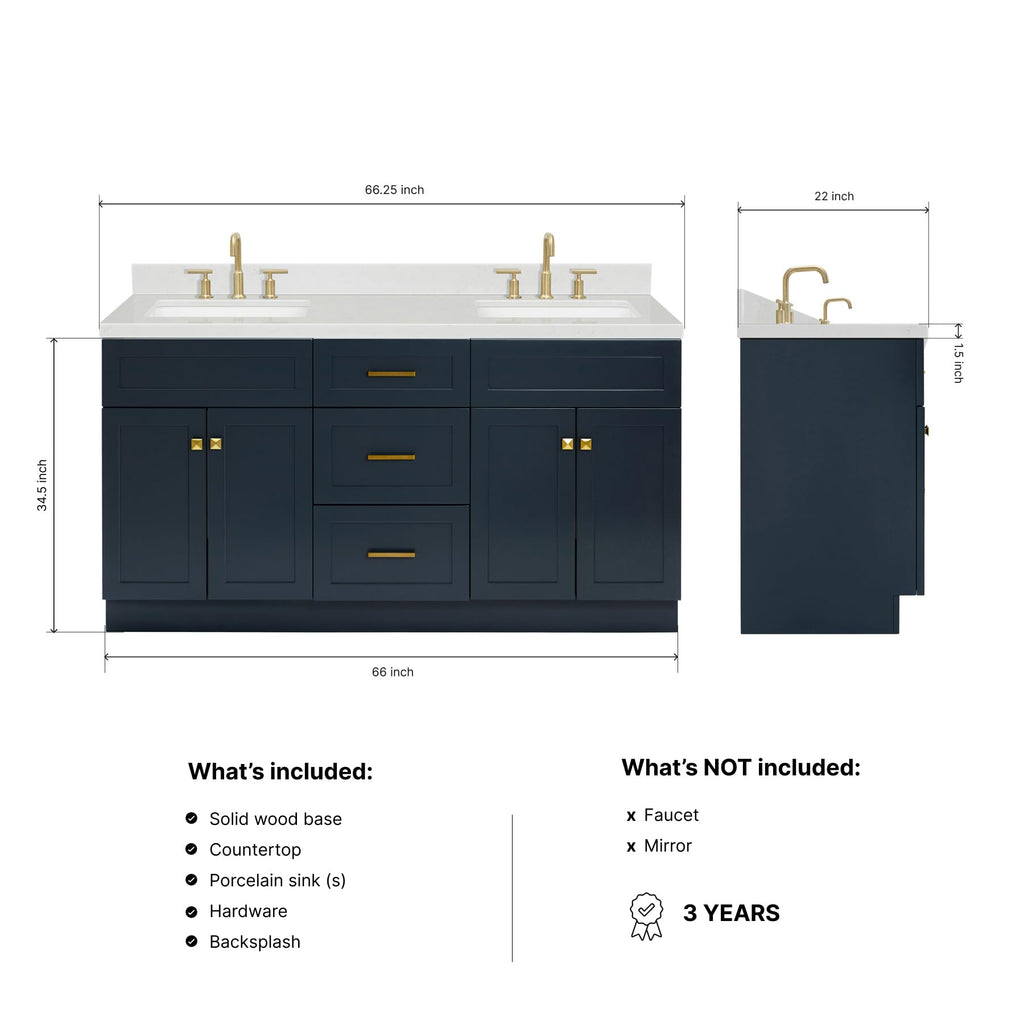 DKB Isabella 66" White Double Bathroom Vanity with 1.5" Carrara Quartz Countertop, Double Rectangular Undermount Sinks, 4 Soft Closing Doors, 6 Dovetail Drawers