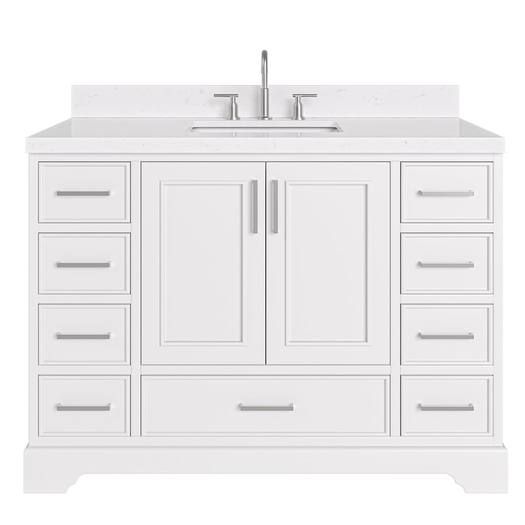 DKB Emilia 48-Inch Bathroom Vanity with Sink â Midnight Blue Single Sink Bathroom Vanity, 1.5" Edge Carrara Quartz Countertop, Solid Wood, 2 Soft Closing Doors, 9 Dovetail Drawers
