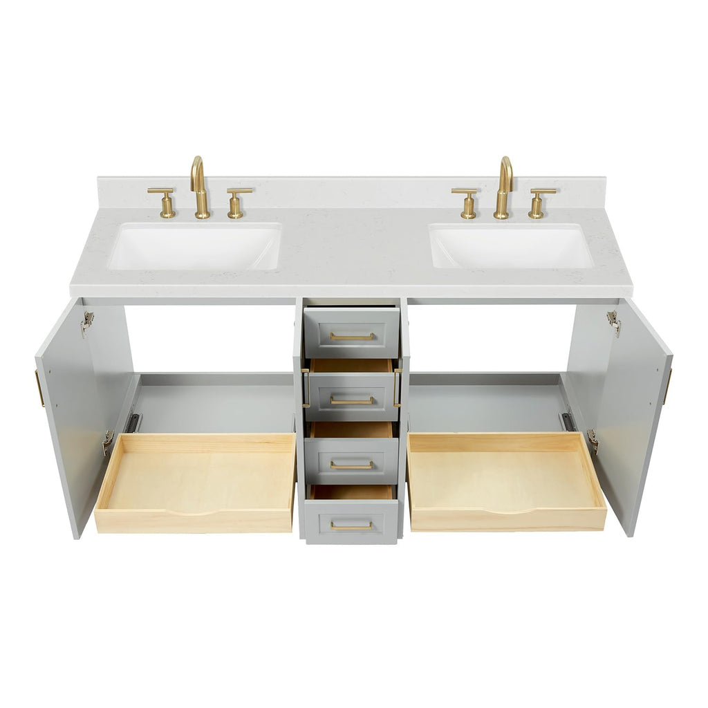 DKB Emilia 72 Inch Bathroom Vanity Double Sink â White Bathroom Vanity with Sink, 1.5" Edge Carrara White Quartz Countertop & Backsplash, 4 Soft-Close Doors, and 6 Dovetail Drawers