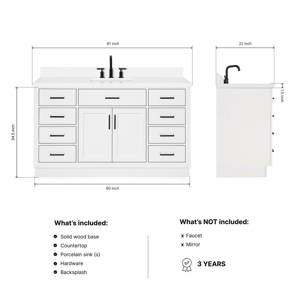 ARIEL Hepburn 60-inch Bathroom Vanity with Sink,Solid Wood, 1.5-inch Carrara White Quartz Countertop & Backsplash, Single Rectangular Porcelain Sink, 2 Soft Closing Doors, 9 Dovetail Drawers, Black