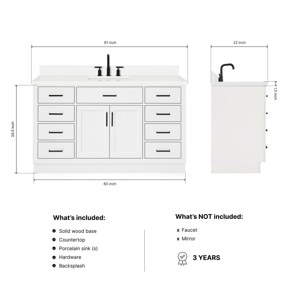 ARIEL Hepburn 60-inch Bathroom Vanity with Sink,Solid Wood, 1.5-inch Carrara White Quartz Countertop & Backsplash, Single Rectangular Porcelain Sink, 2 Soft Closing Doors, 9 Dovetail Drawers, Black