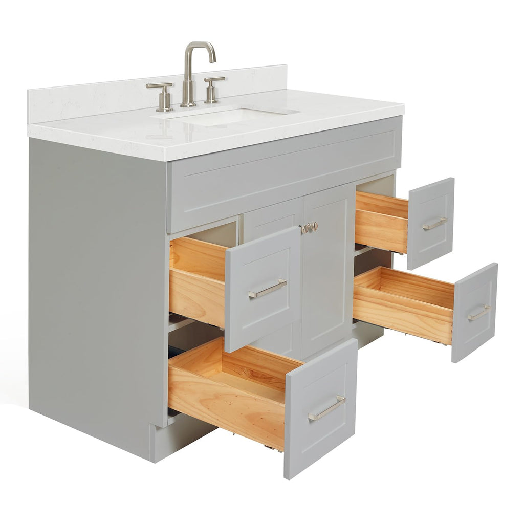 DKB Emilia 48-Inch Bathroom Vanity with Sink â Midnight Blue Single Sink Bathroom Vanity, 1.5" Edge Carrara Quartz Countertop, Solid Wood, 2 Soft Closing Doors, 9 Dovetail Drawers