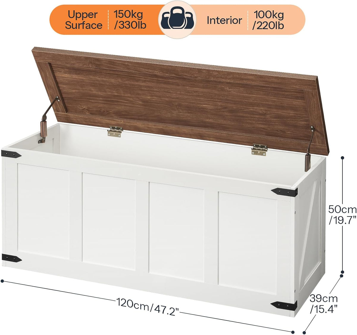 HOOBRO 47.2âStorage Bench Large, Toy Box with 2 Safety Hinges, Farmhouse Wooden Storage Chest, Easy Assembly for Bedroom, Living Room, Entryway, White and Walnut WH520CW01