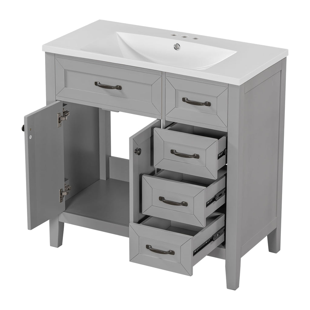 36 Inch Bathroom Vanities with Undermount Ceramic Sink, Storage Cabinet with Soft Closing Doors and Three Drawers, Solid Wood Frame, Natural Wood