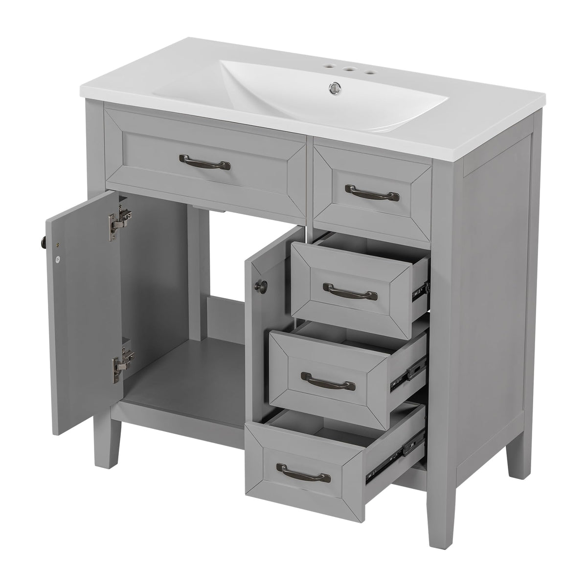 36 Inch Bathroom Vanities with Undermount Ceramic Sink, Storage Cabinet with Soft Closing Doors and Three Drawers, Solid Wood Frame, Natural Wood