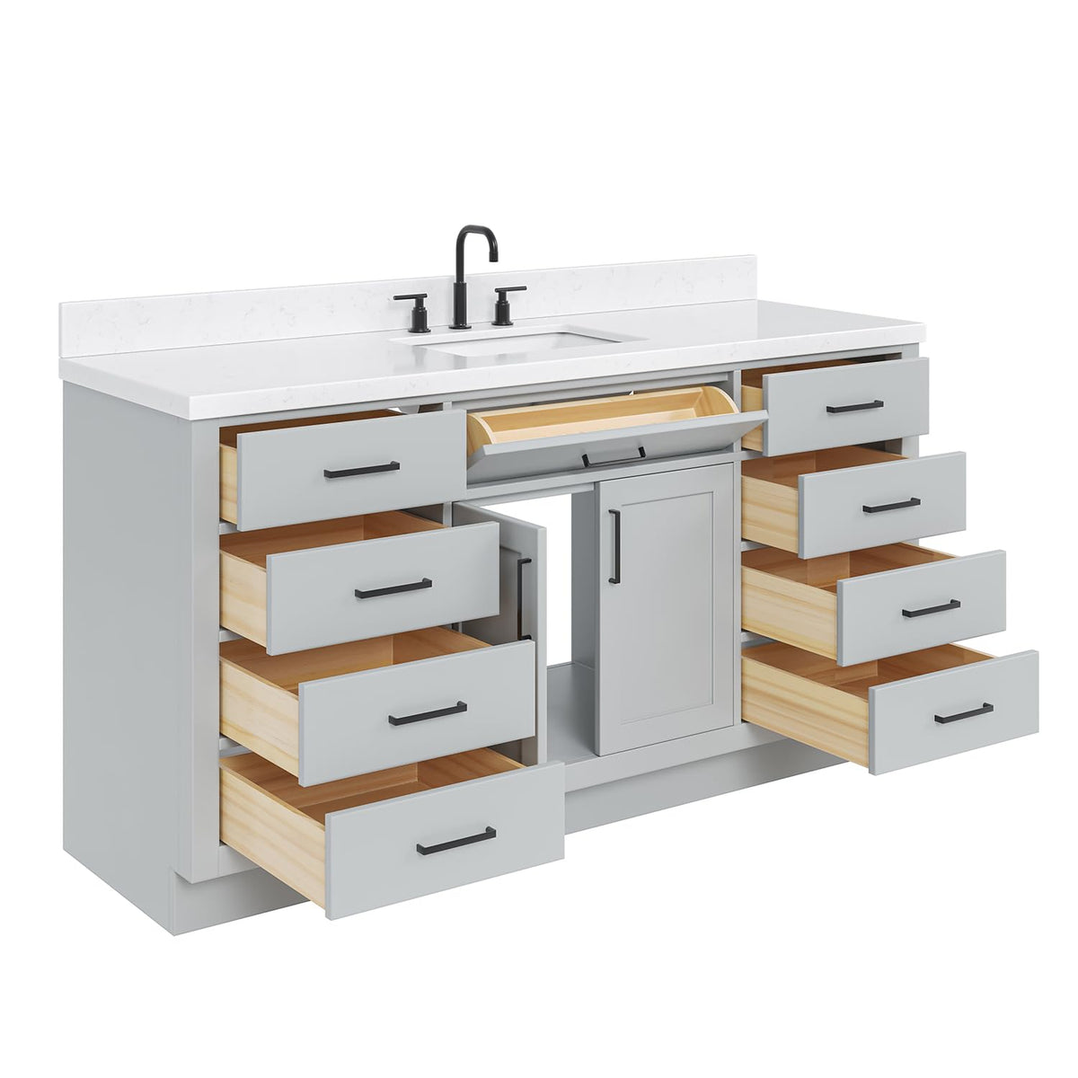 ARIEL Hepburn 66-inch Bathroom Vanity with Sink,Solid Wood, 1.5-inch Pure White Quartz Countertop & Backsplash, Single Rectangular Porcelain Sink, 2 Soft Closing Doors, 9 Dovetail Drawers, White