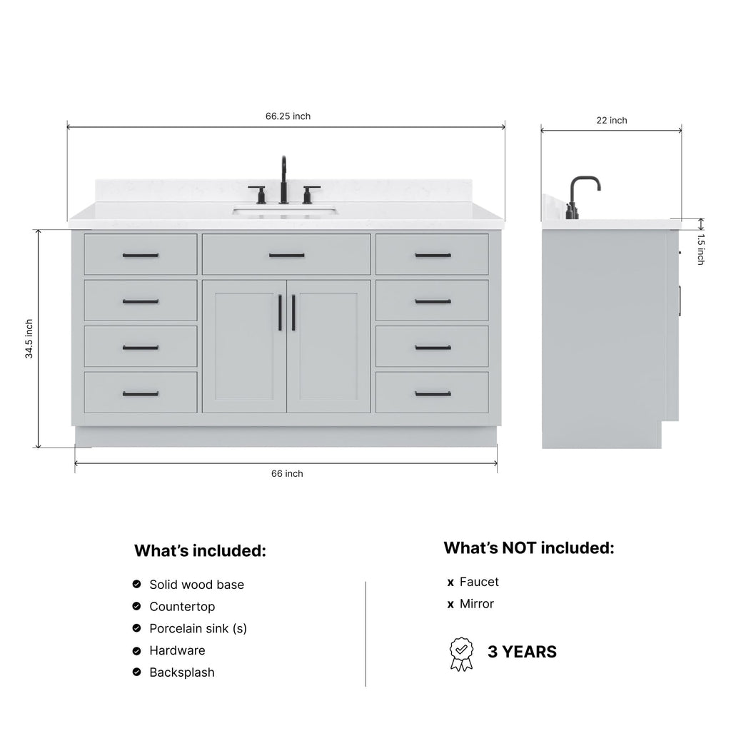 ARIEL Hepburn 66-inch Bathroom Vanity with Sink,Solid Wood, 1.5-inch Pure White Quartz Countertop & Backsplash, Single Rectangular Porcelain Sink, 2 Soft Closing Doors, 9 Dovetail Drawers, White