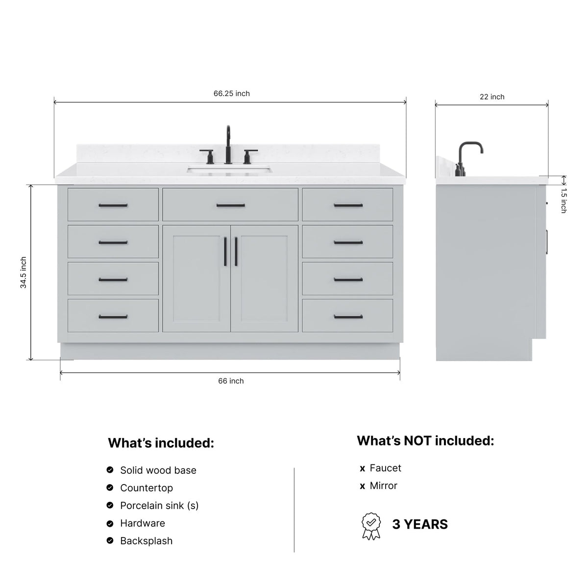 ARIEL Hepburn 66-inch Bathroom Vanity with Sink,Solid Wood, 1.5-inch Pure White Quartz Countertop & Backsplash, Single Rectangular Porcelain Sink, 2 Soft Closing Doors, 9 Dovetail Drawers, White