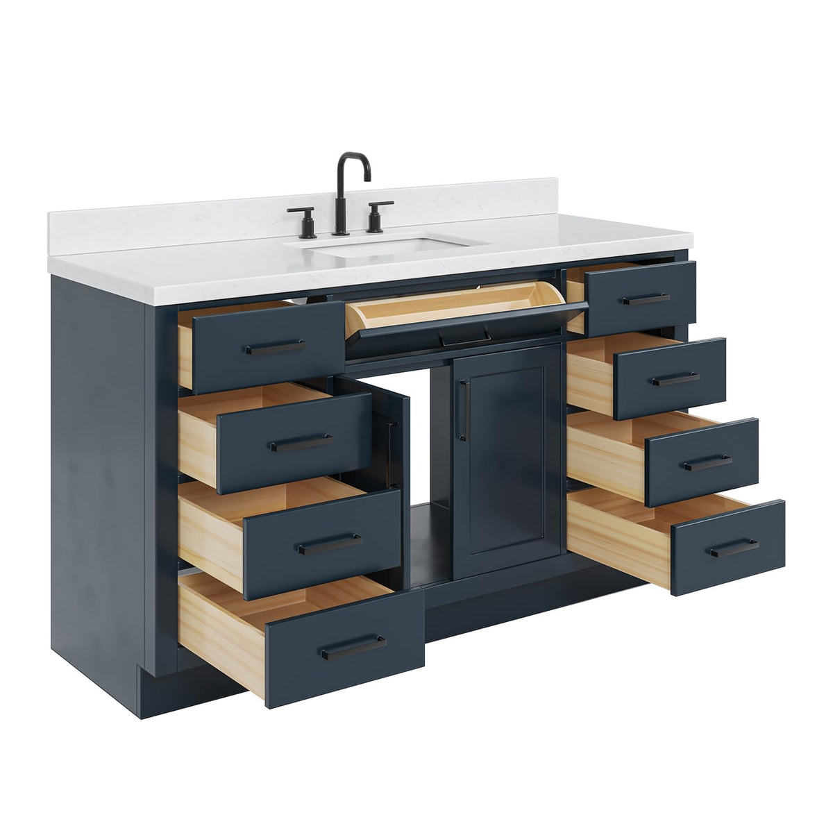 DKB Isabella 60 Inch Bathroom Vanity Single Sink â White Bathroom Vanity with Sink, 1.5" Edge Carrara White Quartz Countertop, Solid Wood, 2 Soft-Close Doors, 8 Dovetail Drawers + Tilt Drawer