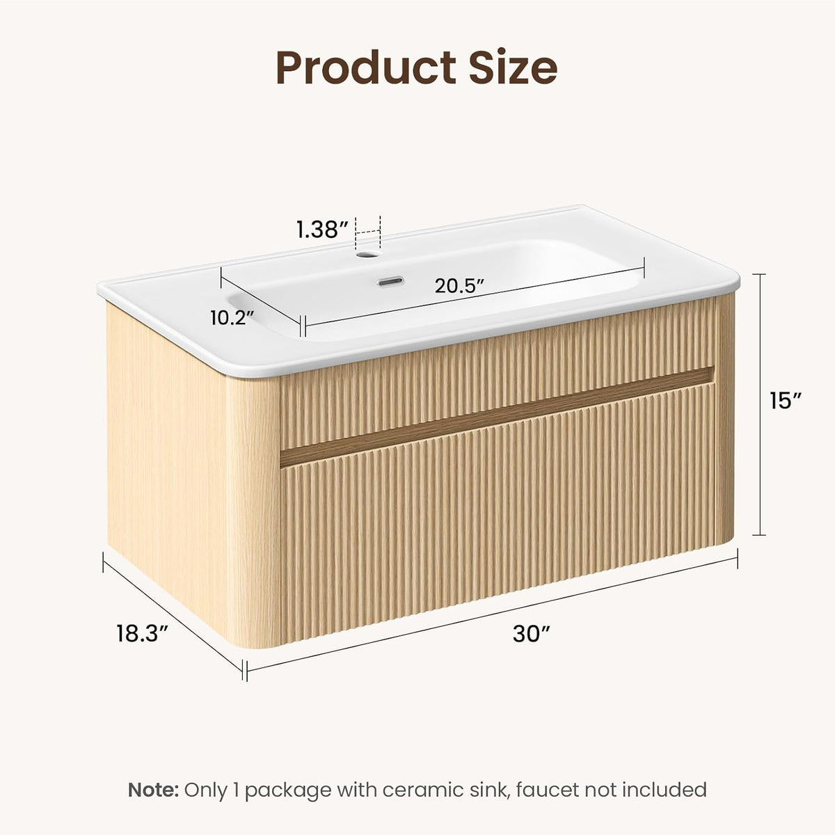 ModernMate 30 Inch Floating Bathroom Vanity with Ceramic Sink Combo, Solid Wood Curved Frame, Fluted Modern Wall Mounted Single Cabinet, Smart Storage, Soft-Close Drawer, Easy Assembly, Oak