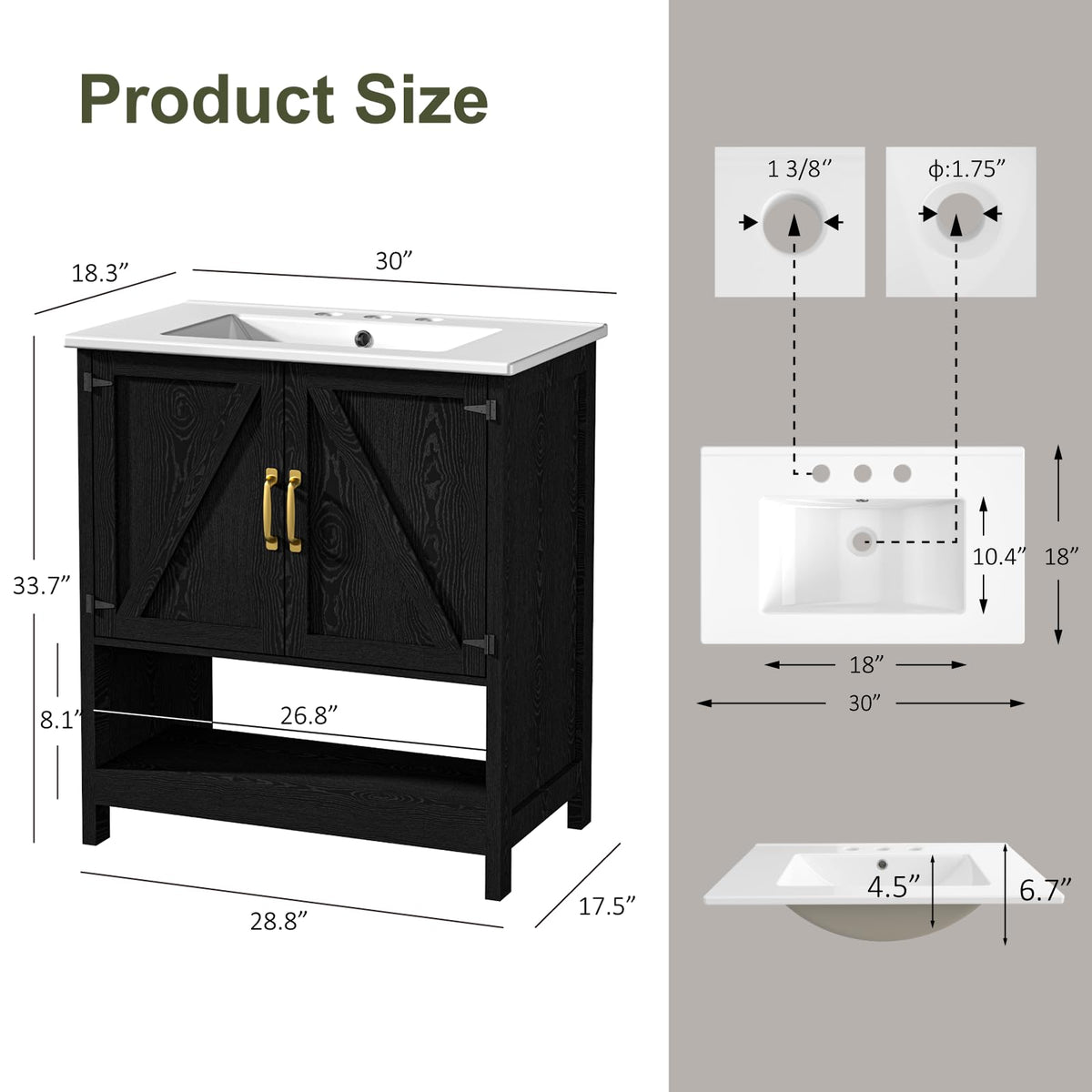 30" Bathroom Vanity with Sink, Modern Bathroom Cabinet, White