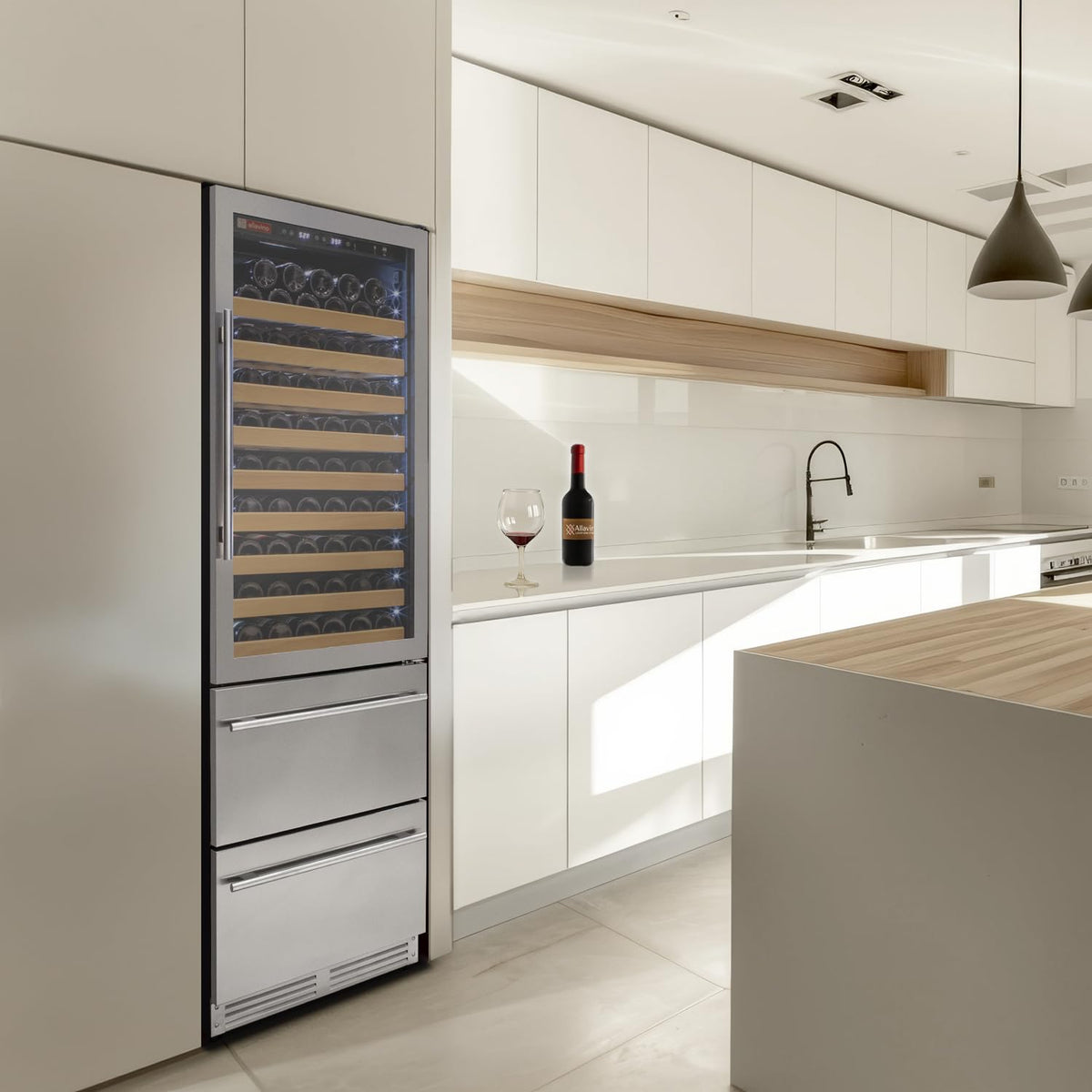 Allavino 76.5" Tall Black Wine Refrigerator with Two Refrigerated Drawers YHWR7724D-B