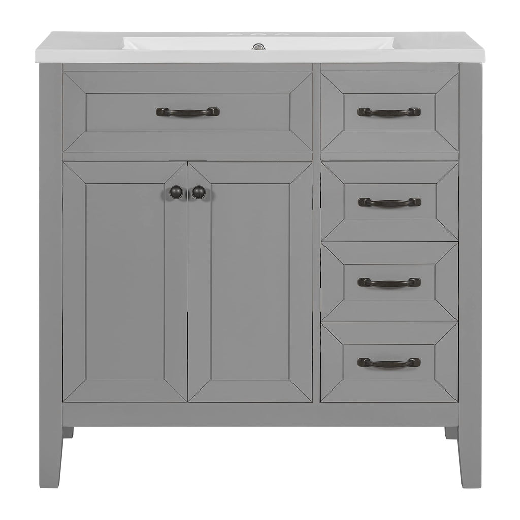 36 Inch Bathroom Vanities with Undermount Ceramic Sink, Storage Cabinet with Soft Closing Doors and Three Drawers, Solid Wood Frame, Natural Wood