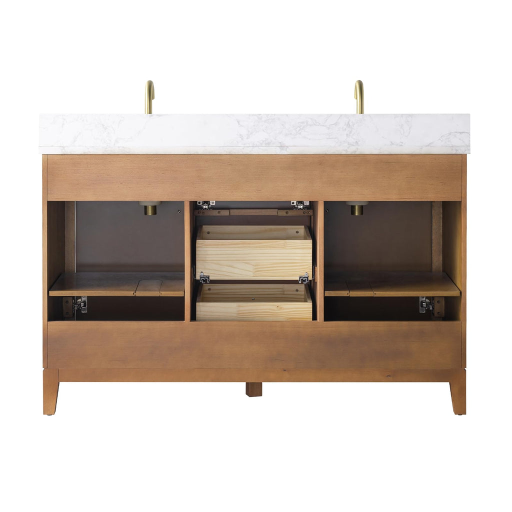 Vanity Art 72" Bathroom Vanity with Double Sink & Arabescato White Engineered Stone Top, Vanity Cabinet with Soft Closing Door, Solid Wood Frame, Golden Brushed Handles, Walnut VA8172D-Walnut-GB