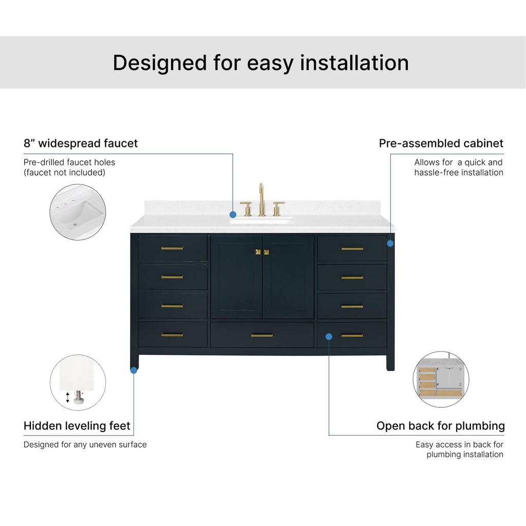 ARIEL Cambridge 66-inch Bathroom Vanity with Sink,Solid Wood, 1.5-inch Italian Carrara Marble Countertop, Single Rectangular Porcelain Sink, 2 Soft Closing Doors, 9 Dovetail Drawers, Midnight Blue