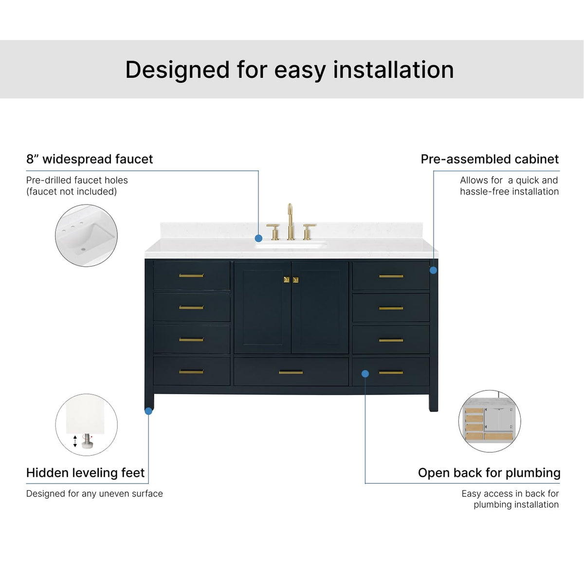 ARIEL Cambridge 66-inch Bathroom Vanity with Sink,Solid Wood, 1.5-inch Italian Carrara Marble Countertop, Single Rectangular Porcelain Sink, 2 Soft Closing Doors, 9 Dovetail Drawers, Midnight Blue