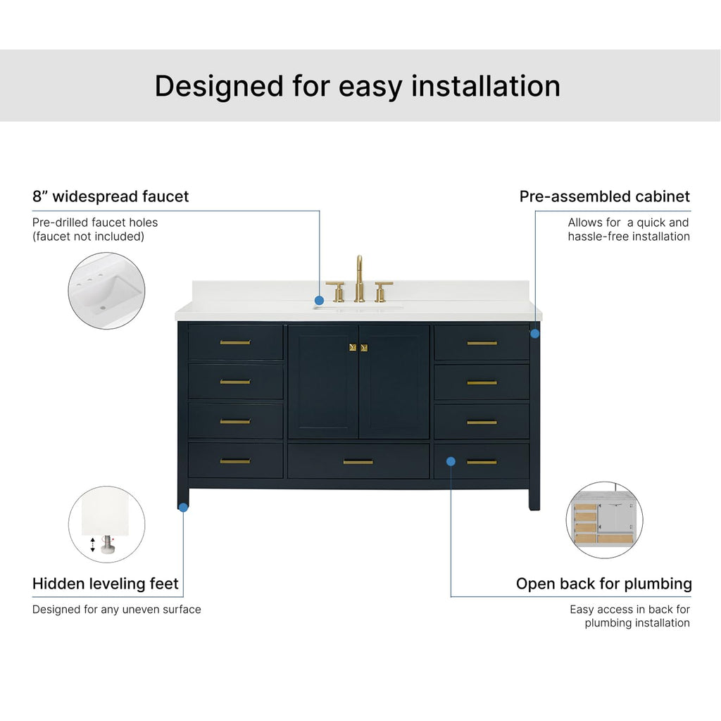 ARIEL Cambridge 66-inch Bathroom Vanity with Sink,Solid Wood, 1.5-inch Italian Carrara Marble Countertop, Single Rectangular Porcelain Sink, 2 Soft Closing Doors, 9 Dovetail Drawers, Midnight Blue