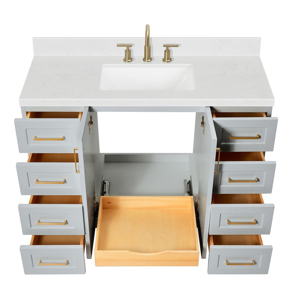 DKB Emilia 48-Inch Bathroom Vanity with Sink â Midnight Blue Single Sink Bathroom Vanity, 1.5" Edge Carrara Quartz Countertop, Solid Wood, 2 Soft Closing Doors, 9 Dovetail Drawers