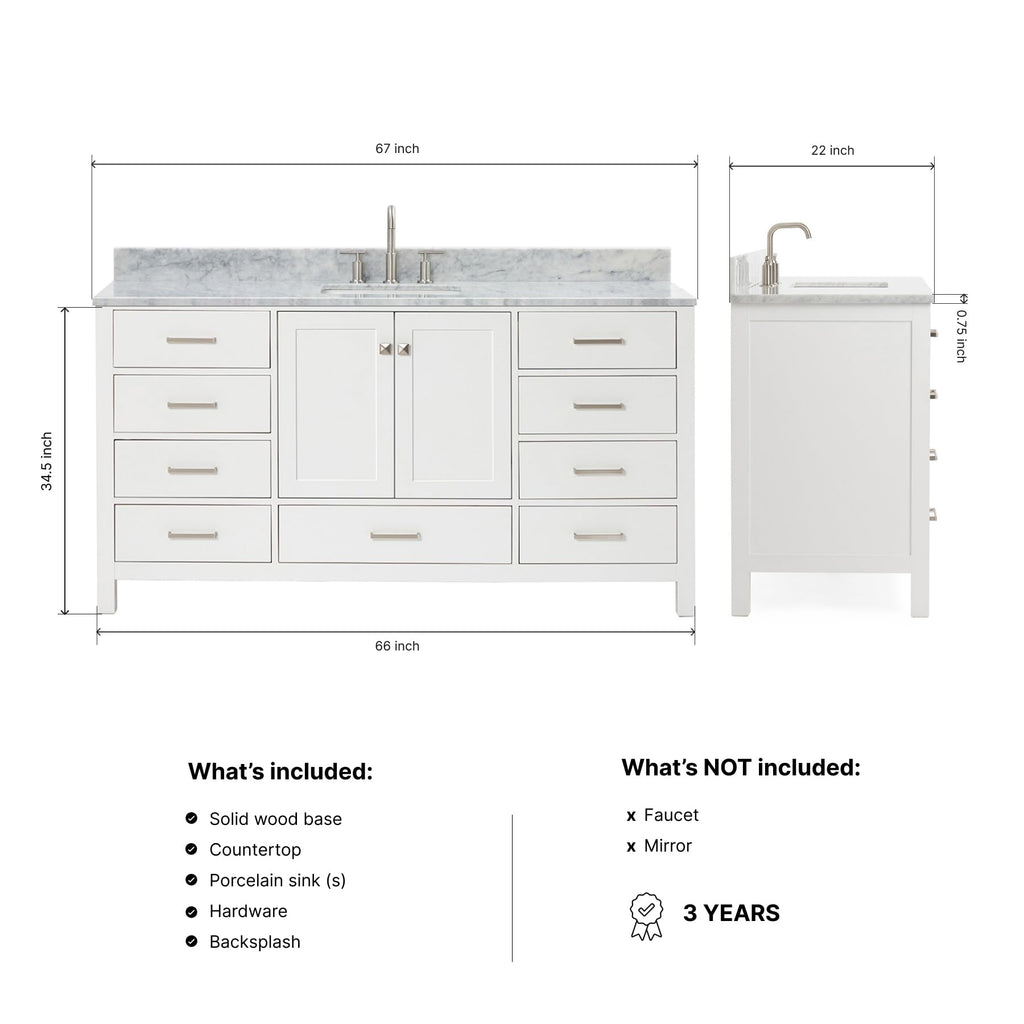ARIEL Cambridge 66-inch Bathroom Vanity with Sink,Solid Wood, 1.5-inch Italian Carrara Marble Countertop, Single Rectangular Porcelain Sink, 2 Soft Closing Doors, 9 Dovetail Drawers, Midnight Blue