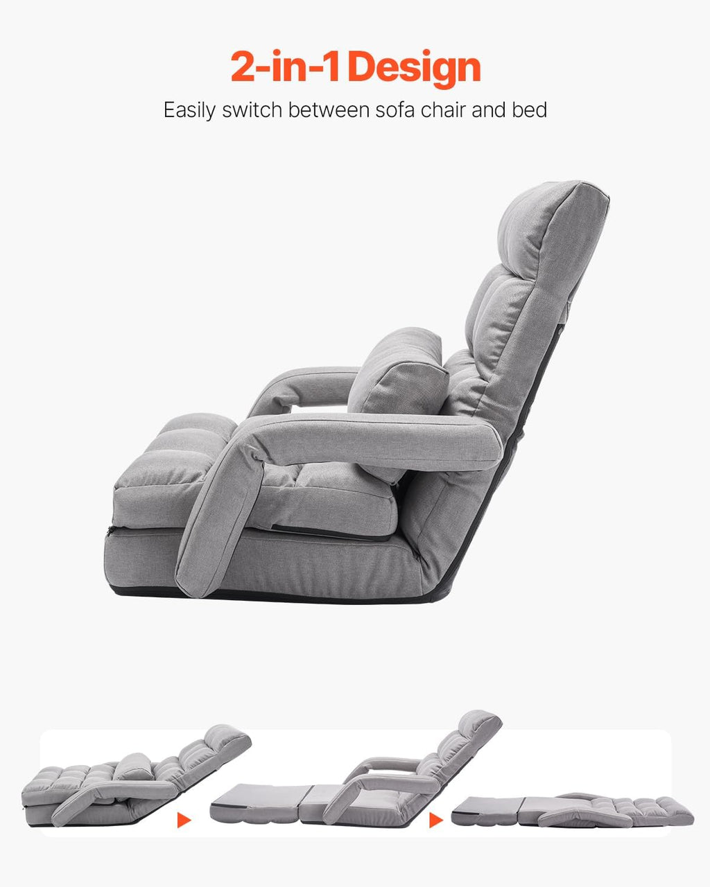 VEVOR Floor Chair, Floor Gaming Chair with 5 Adjustable Position and Back Support, Folding Lounge Chair with Armrest for Adults, Sofa Lounger with Comfy Cushion for Living Room and Bedroom, Gray