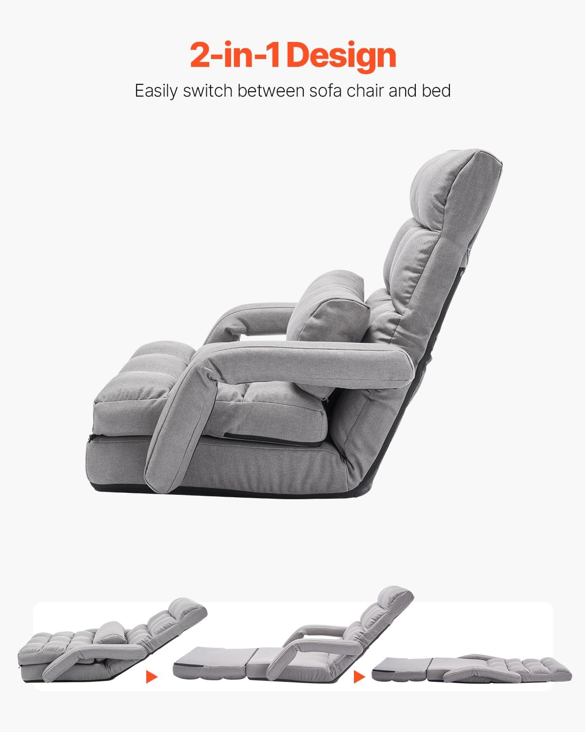 VEVOR Floor Chair, Floor Gaming Chair with 5 Adjustable Position and Back Support, Folding Lounge Chair with Armrest for Adults, Sofa Lounger with Comfy Cushion for Living Room and Bedroom, Gray