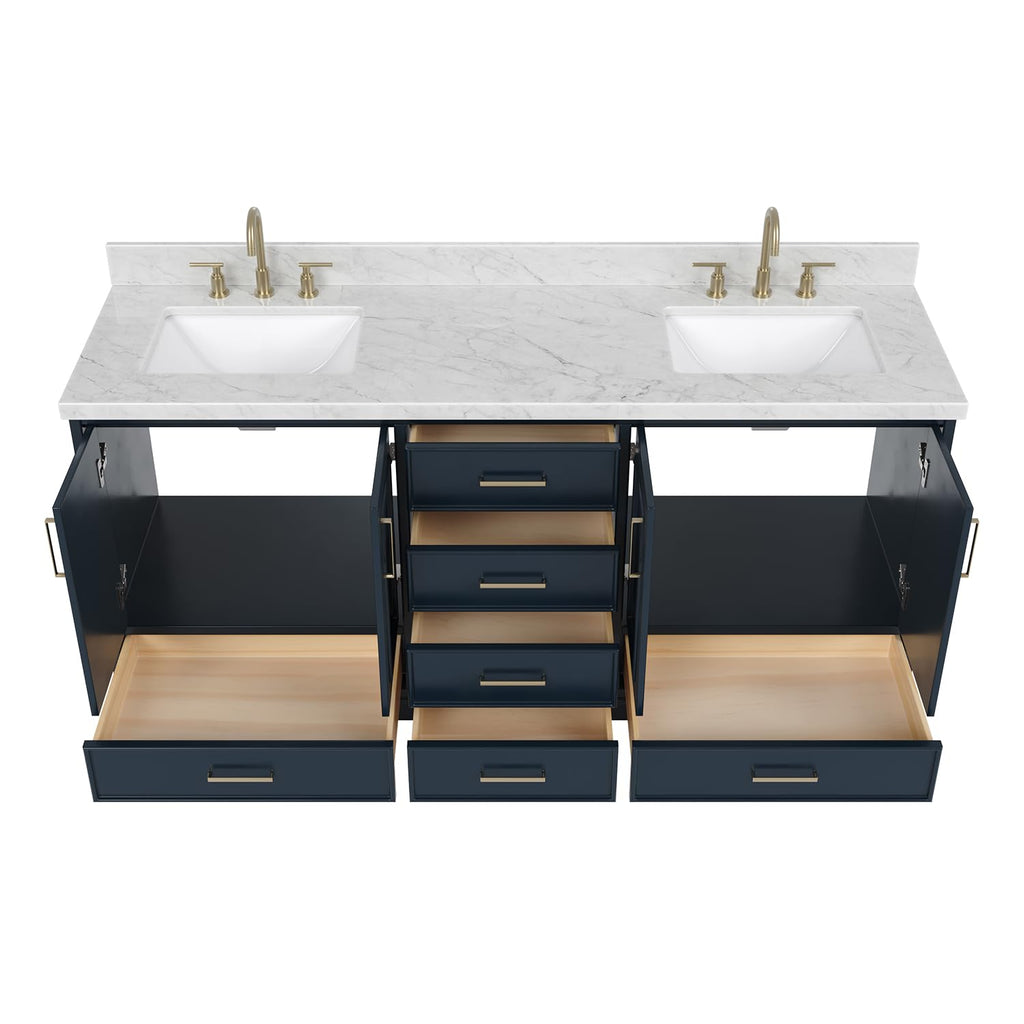 DKB Isabella 72" Oak Double Bathroom Vanity with Sink, 1.5" Carrara White Marble Countertop, Rectangle Undermount Sinks, 4 Soft Closing Doors, 6 Dovetail Drawers