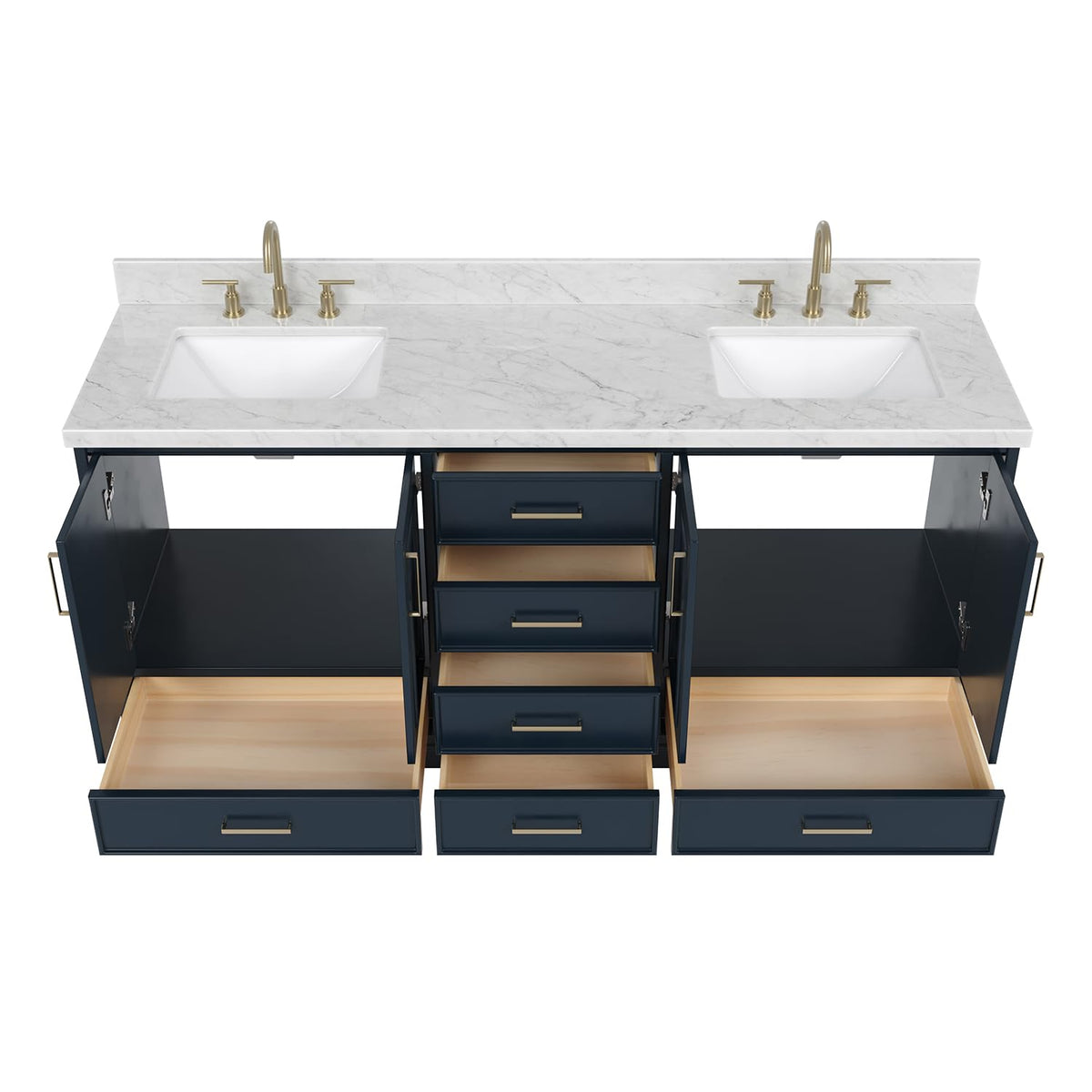 DKB Isabella 72" Oak Double Bathroom Vanity with Sink, 1.5" Carrara White Marble Countertop, Rectangle Undermount Sinks, 4 Soft Closing Doors, 6 Dovetail Drawers