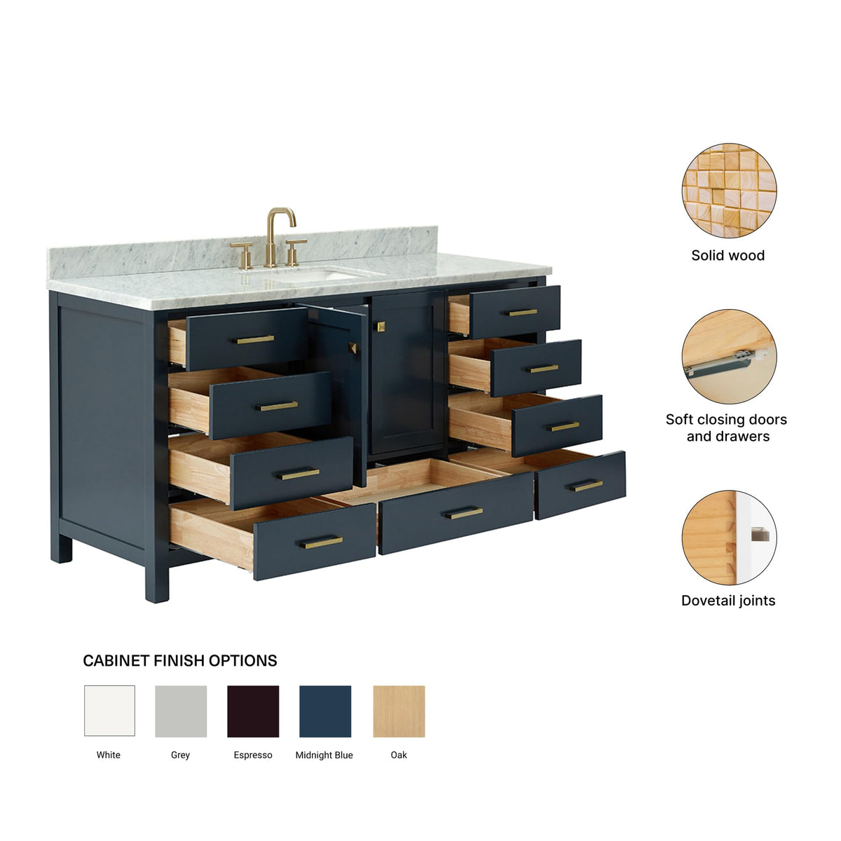 ARIEL Cambridge 66-inch Bathroom Vanity with Sink,Solid Wood, 1.5-inch Italian Carrara Marble Countertop, Single Rectangular Porcelain Sink, 2 Soft Closing Doors, 9 Dovetail Drawers, Midnight Blue