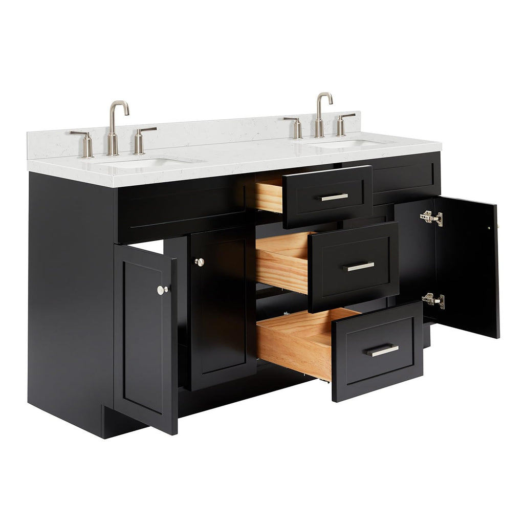 DKB Isabella 66" White Double Bathroom Vanity with 1.5" Carrara Quartz Countertop, Double Rectangular Undermount Sinks, 4 Soft Closing Doors, 6 Dovetail Drawers