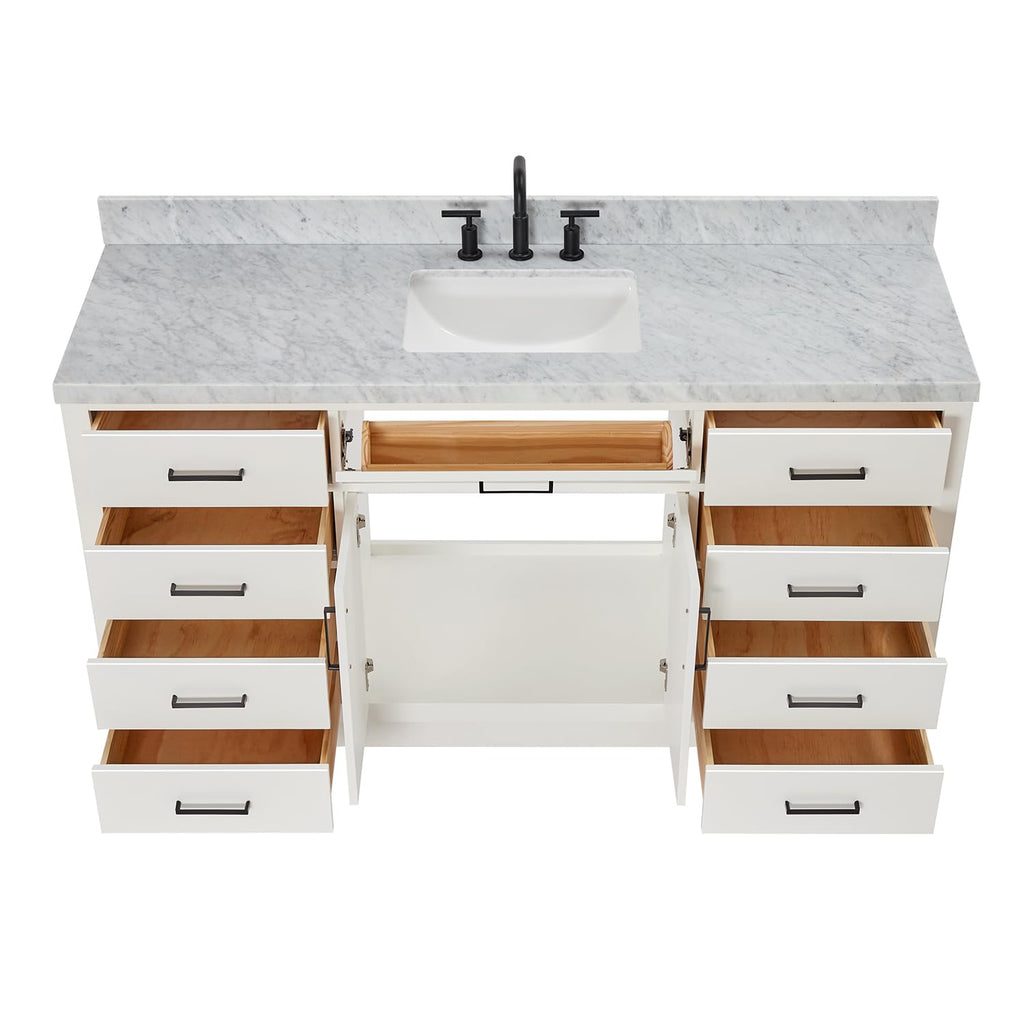ARIEL Hepburn 66-inch Bathroom Vanity with Sink,Solid Wood, 1.5-inch Pure White Quartz Countertop & Backsplash, Single Rectangular Porcelain Sink, 2 Soft Closing Doors, 9 Dovetail Drawers, White