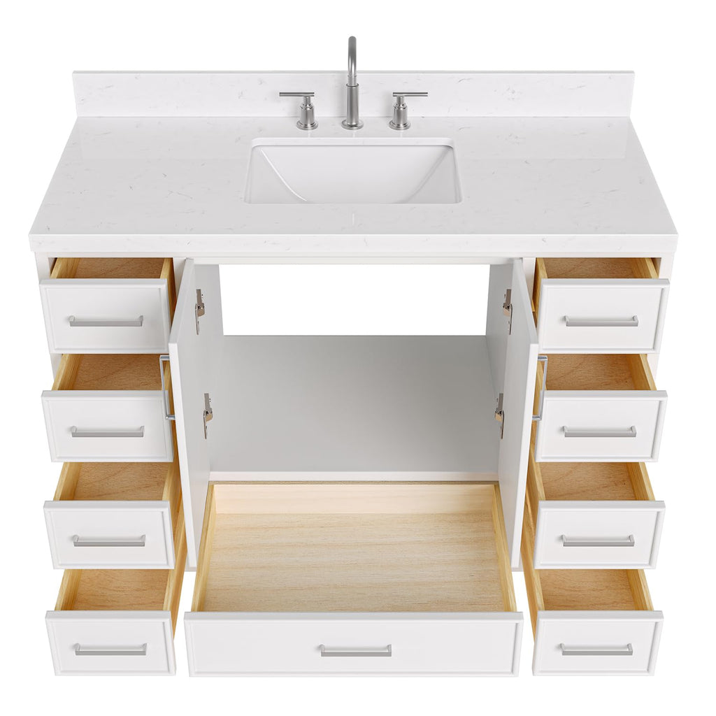 DKB Emilia 48-Inch Bathroom Vanity with Sink â Midnight Blue Single Sink Bathroom Vanity, 1.5" Edge Carrara Quartz Countertop, Solid Wood, 2 Soft Closing Doors, 9 Dovetail Drawers
