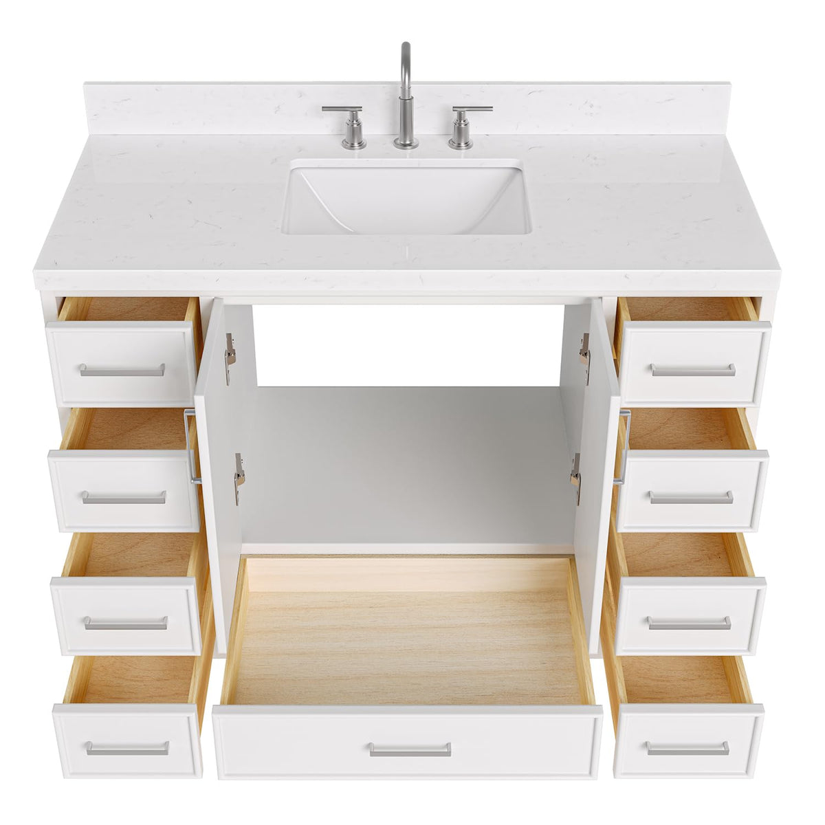DKB Emilia 48-Inch Bathroom Vanity with Sink â Midnight Blue Single Sink Bathroom Vanity, 1.5" Edge Carrara Quartz Countertop, Solid Wood, 2 Soft Closing Doors, 9 Dovetail Drawers