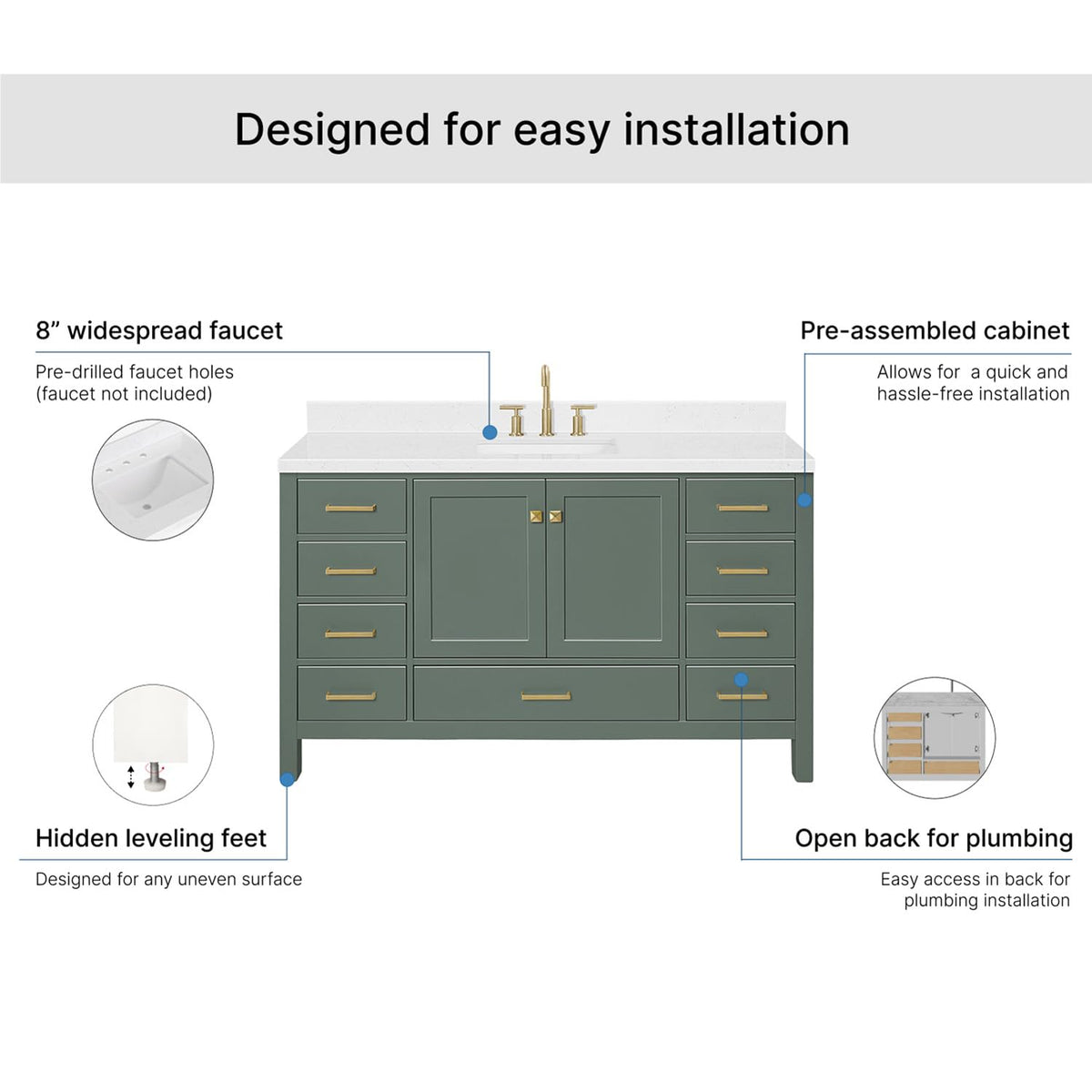 DKB Isabella 60 Inch Bathroom Vanity Single Sink â White Bathroom Vanity with Sink, 1.5" Edge Carrara White Quartz Countertop, Solid Wood, 2 Soft-Close Doors, 8 Dovetail Drawers + Tilt Drawer